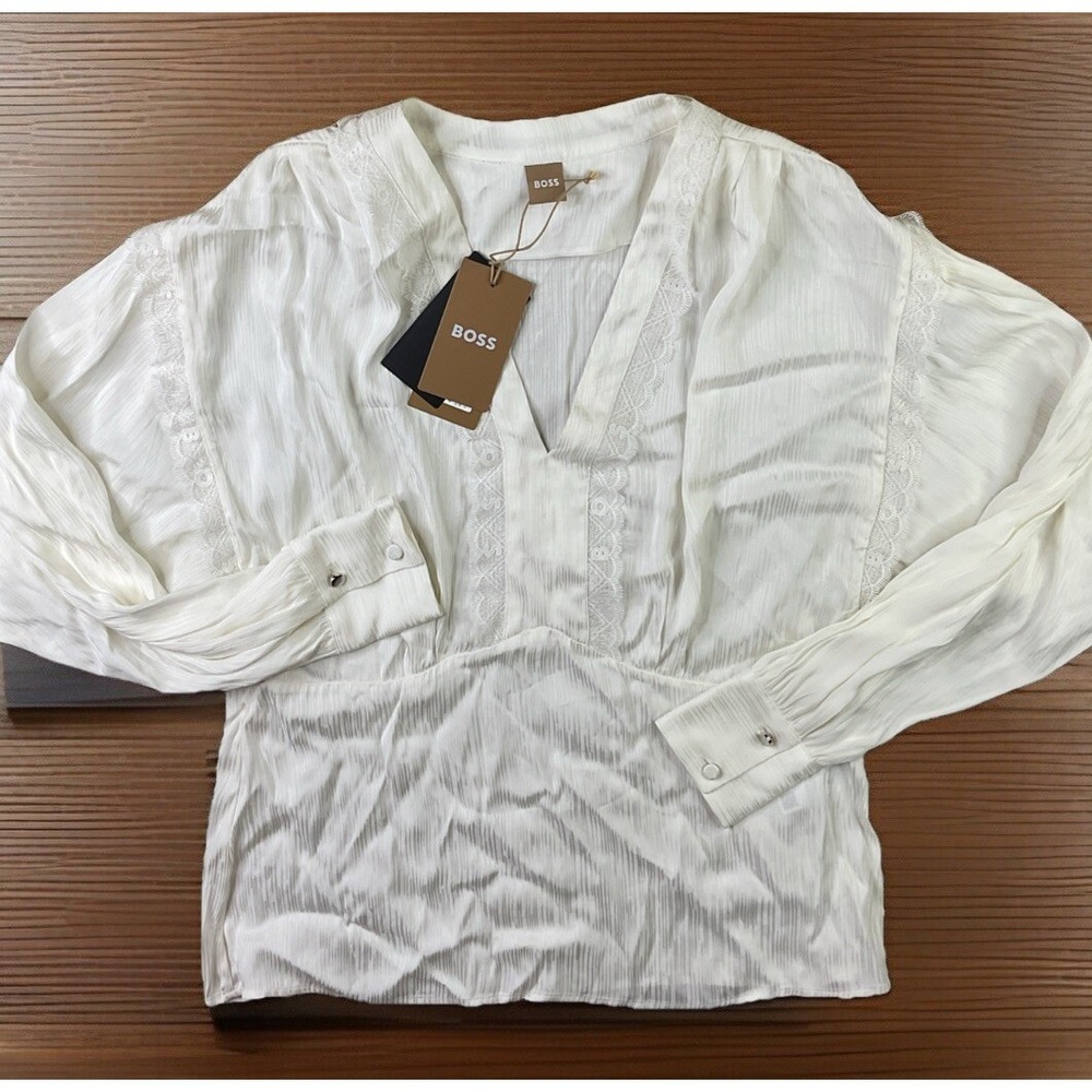 Hugo Boss V Neck Lace Long Sleeve Blouse Top Womens 4 Silky Ivory Elegant NWT